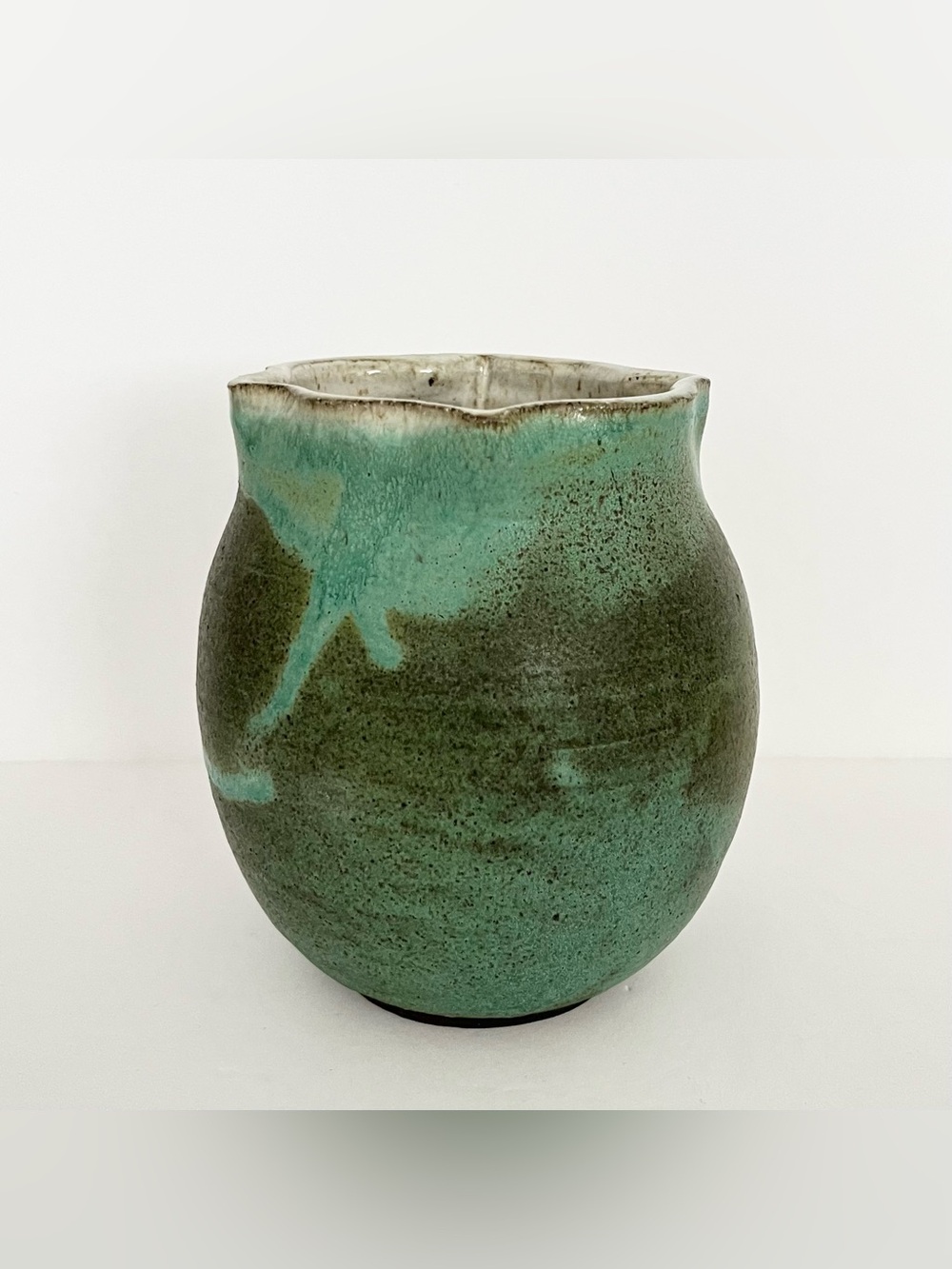 Studio Pottery Handmade Ceramic Green Vase Round Bulbous Organic Shape Rustic